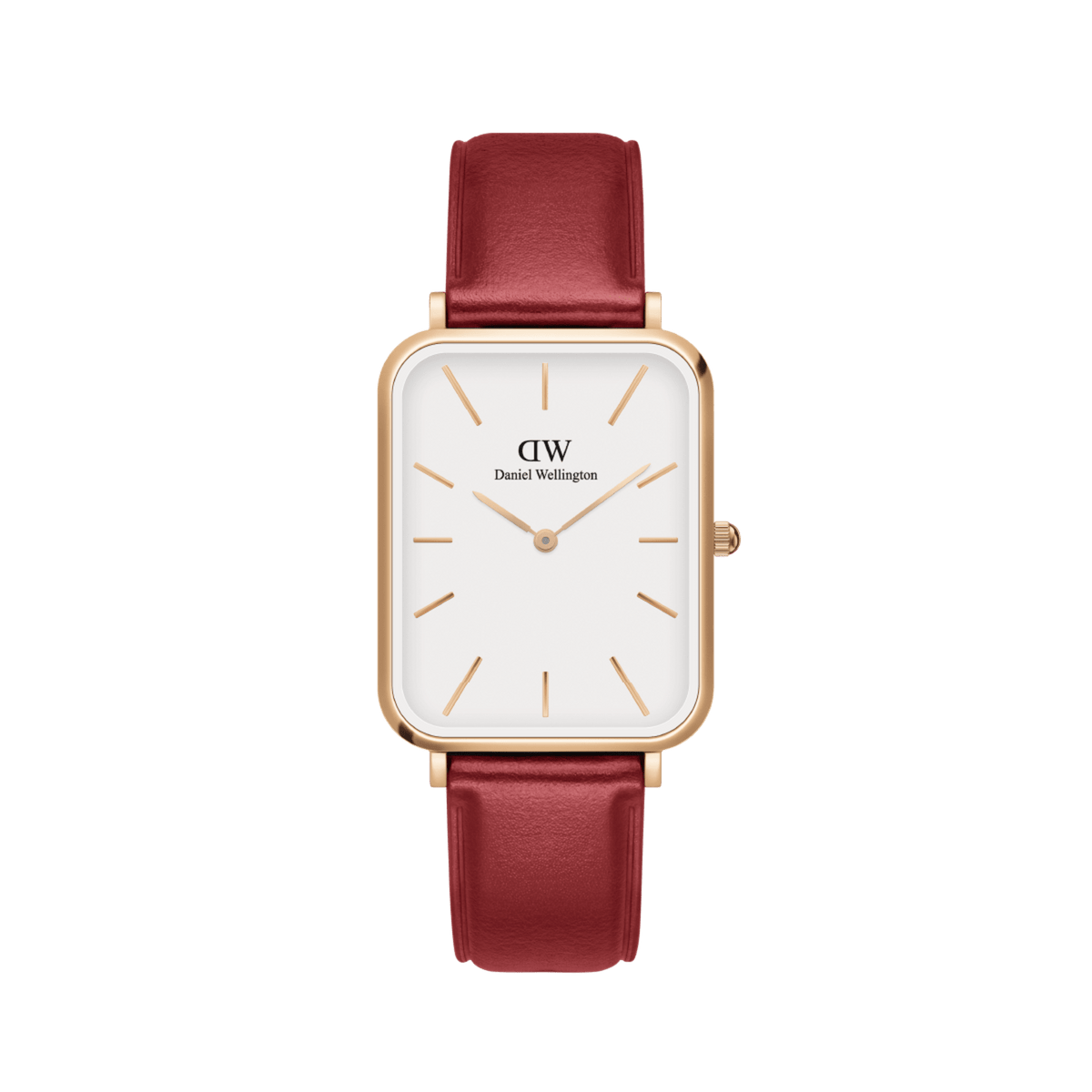 Rose gold rectangular women’s watch with an eggshell white dial, minimalist hour markers, and a cherry blush red pressed leather strap.