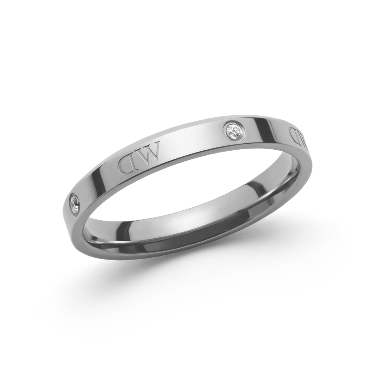 Polished silver ring in stainless steel, featuring sparkling crystal stones and engraved logotype details around the band.