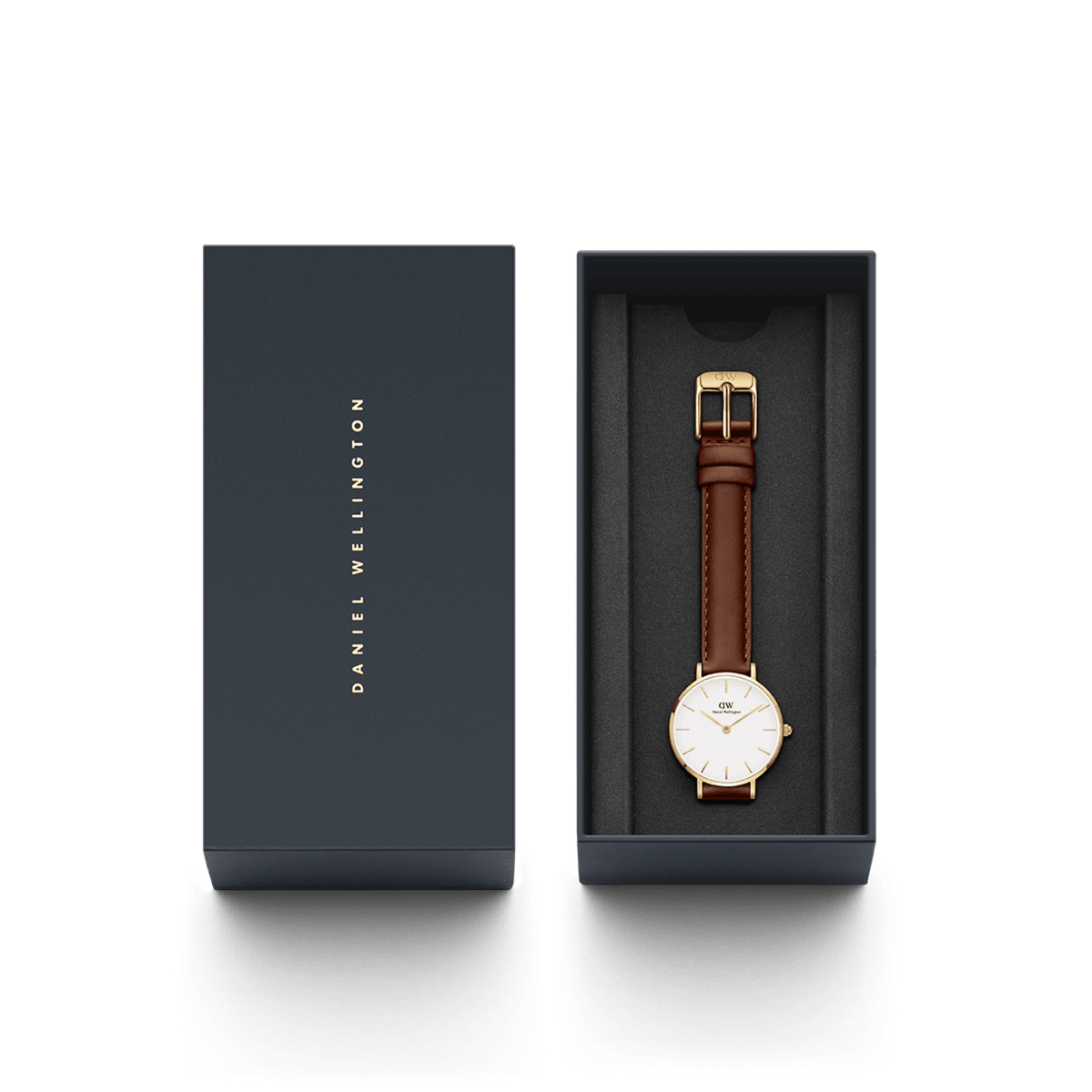 Daniel Wellington Petite St Mawes Gold women’s watch with brown leather strap, presented in a signature gift box.