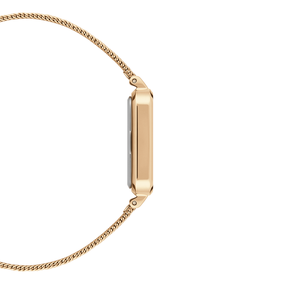 Slim gold rectangular watch case with polished finish and pressed mesh strap, side profile of Quadro Pressed Evergold.