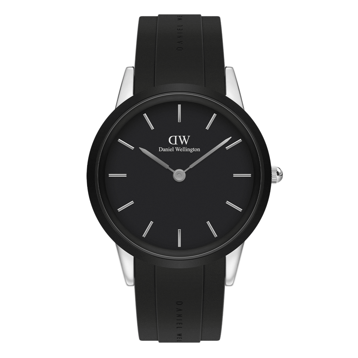 Daniel Wellington Iconic Motion watch featuring a black dial, minimalist silver hour markers, and a black FKM rubber strap with subtle branding, set in a polished 40mm stainless steel case.
