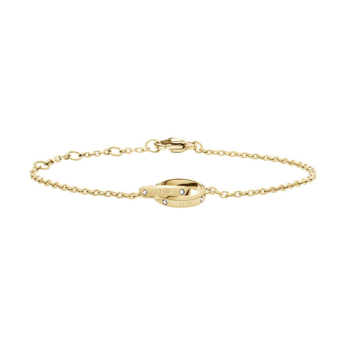 Delicate gold bracelet featuring intertwined rings with subtle logotype etchings and sparkling crystals, finished with an adjustable chain and clasp.