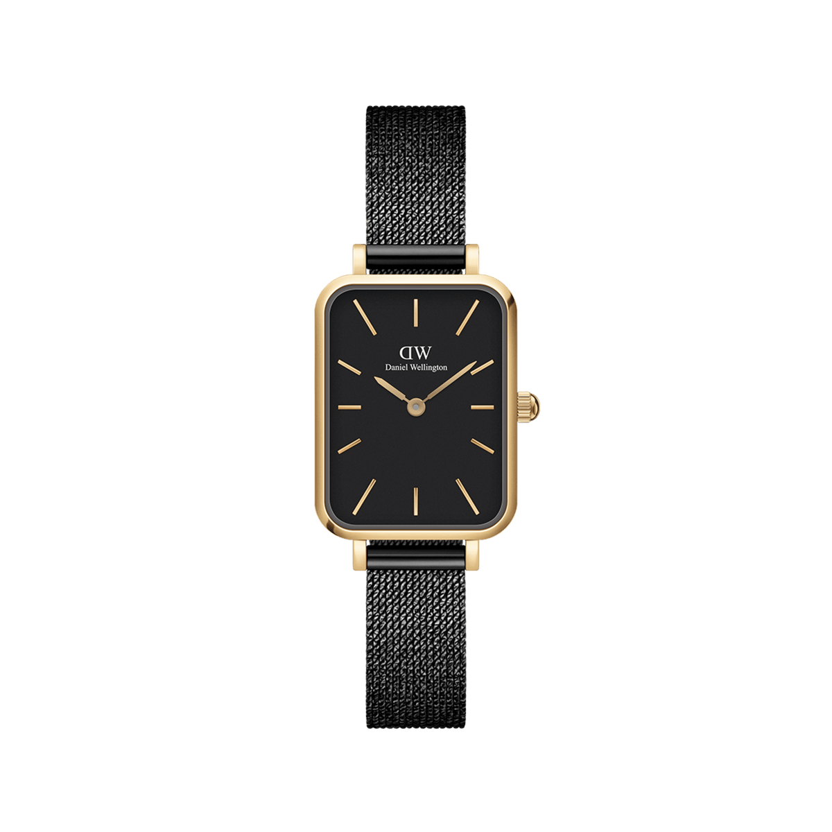 Rectangular gold women’s watch with black dial, minimalist gold markers, and black mesh strap by Daniel Wellington.