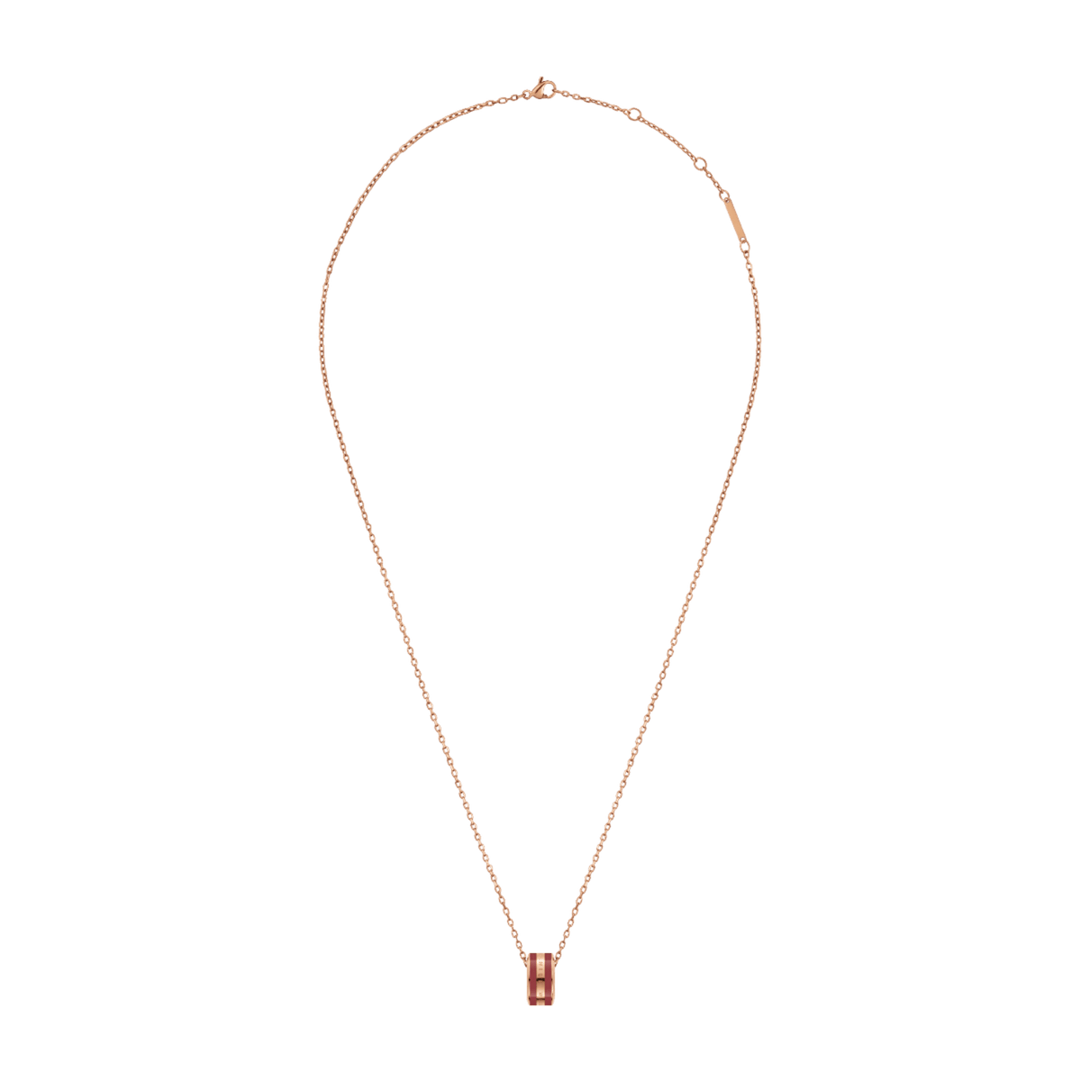 Rose gold chain necklace with an adjustable length, featuring a cherry blush enamel barrel pendant for a modern classic look.