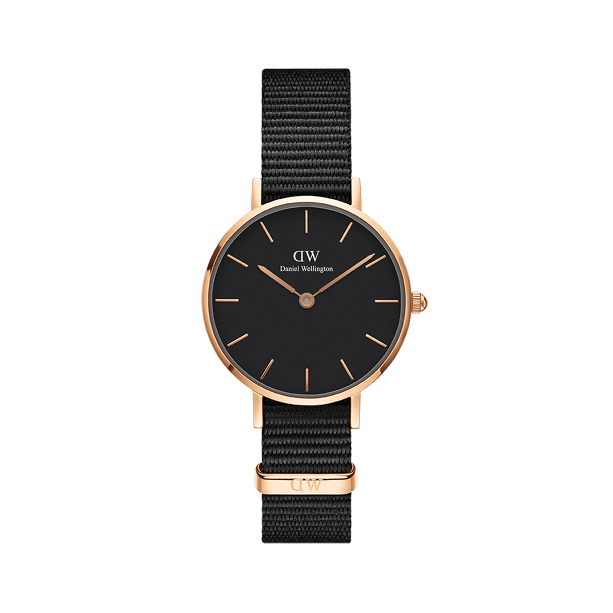 Daniel Wellington Petite Cornwall Rose Gold watch with black dial, rose gold case, and black woven NATO strap for women.