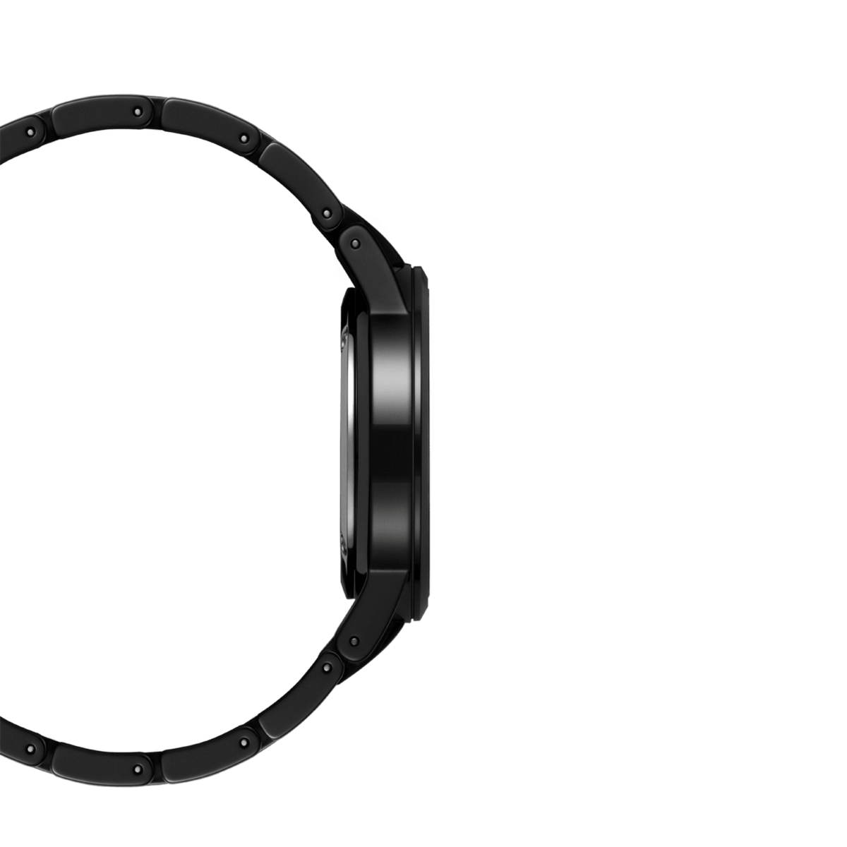 Side profile of the Iconic Link Ceramic watch showing its slim black ceramic case and curved bracelet links.
