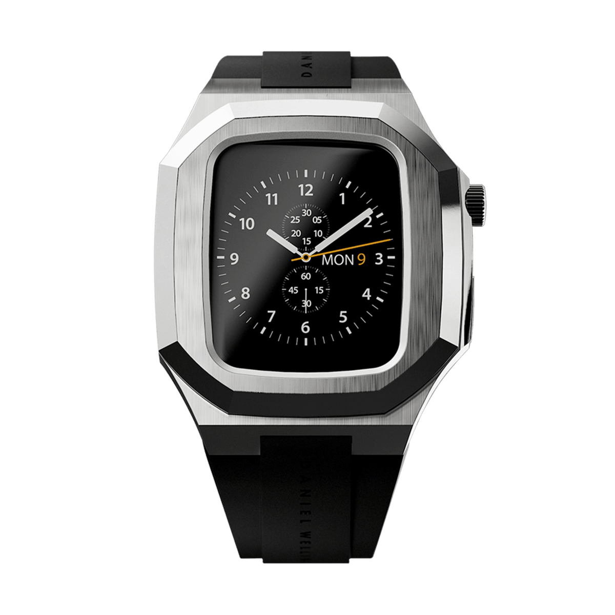 Daniel Wellington Switch Silver Apple Watch case fitted to a 40mm Apple Watch, featuring a brushed stainless steel geometric bezel and black rubber strap with a classic analogue watch face display.