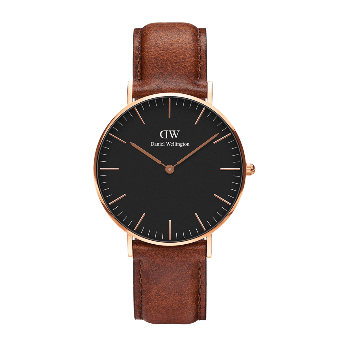 Daniel Wellington Classic St Mawes watch with a black minimalist dial, rose gold case, and brown genuine leather strap.
