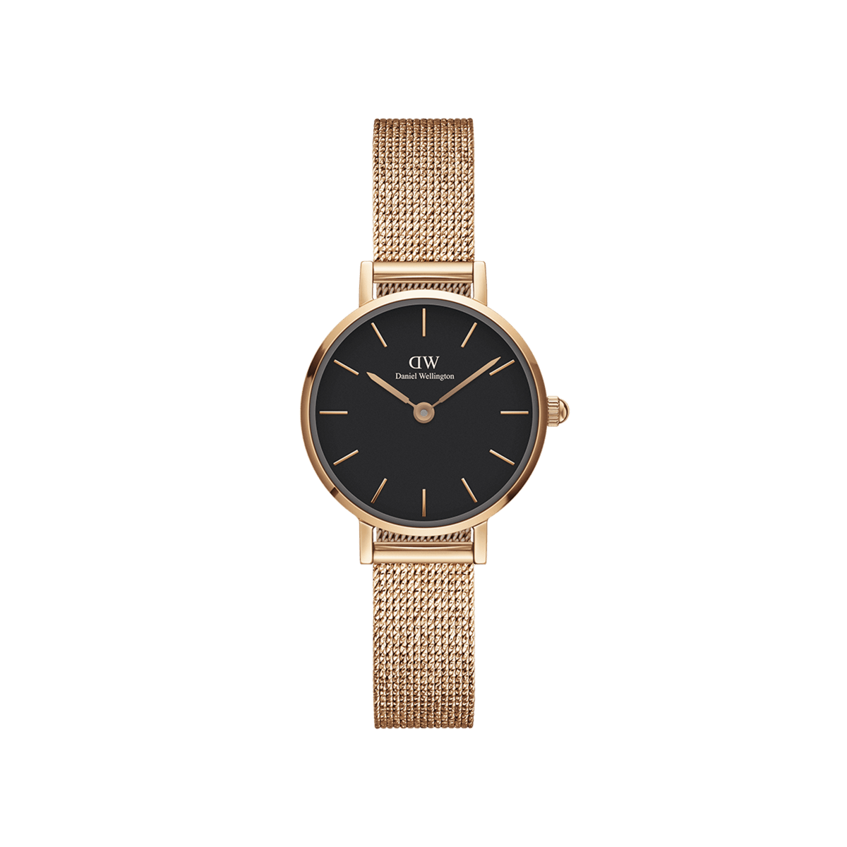 Slim women’s watch with a minimalist black dial and rose gold pressed mesh strap, featuring a refined round case and elegant detailing.