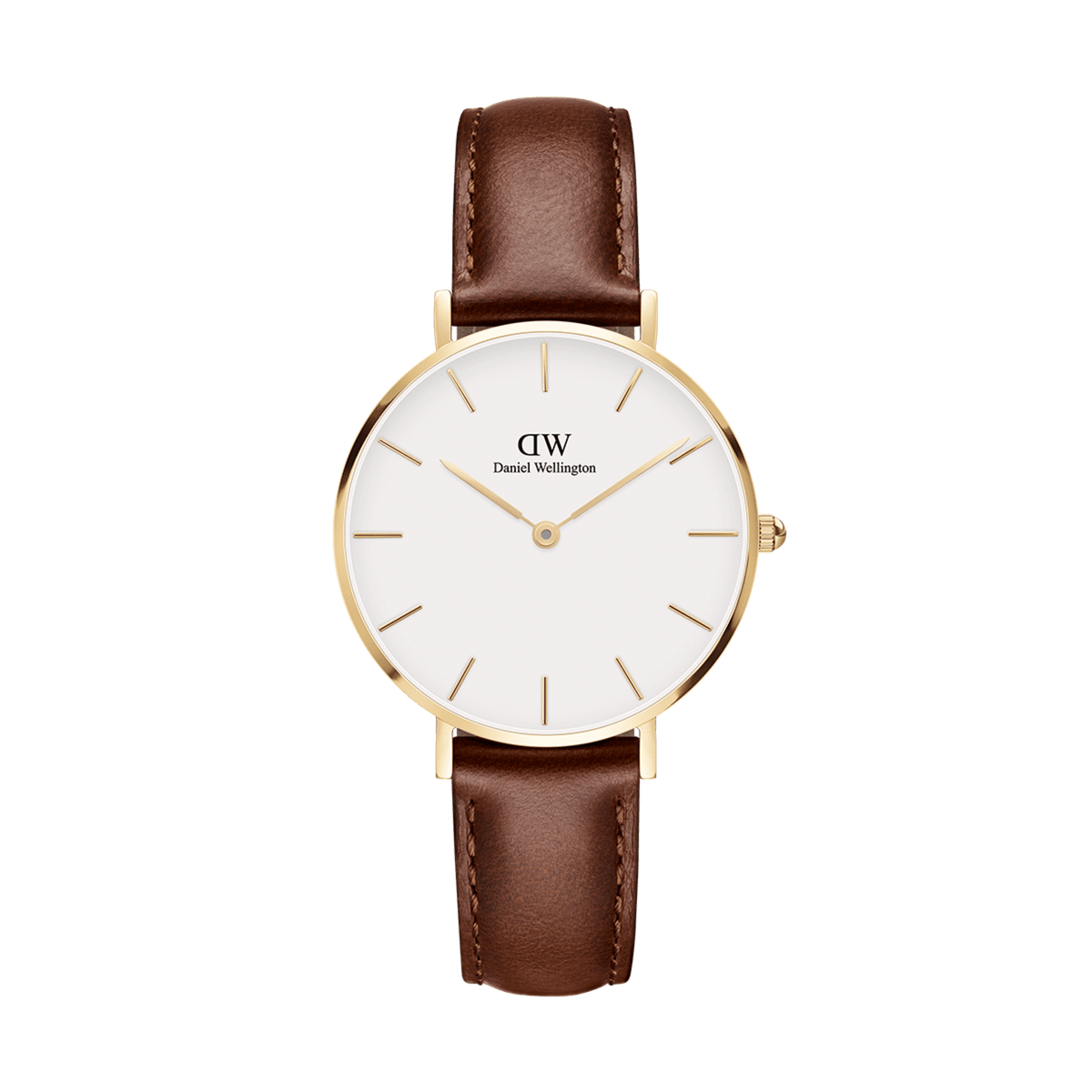 Daniel Wellington Petite St Mawes Gold women’s watch with gold case, white dial, and brown leather strap for small wrists.