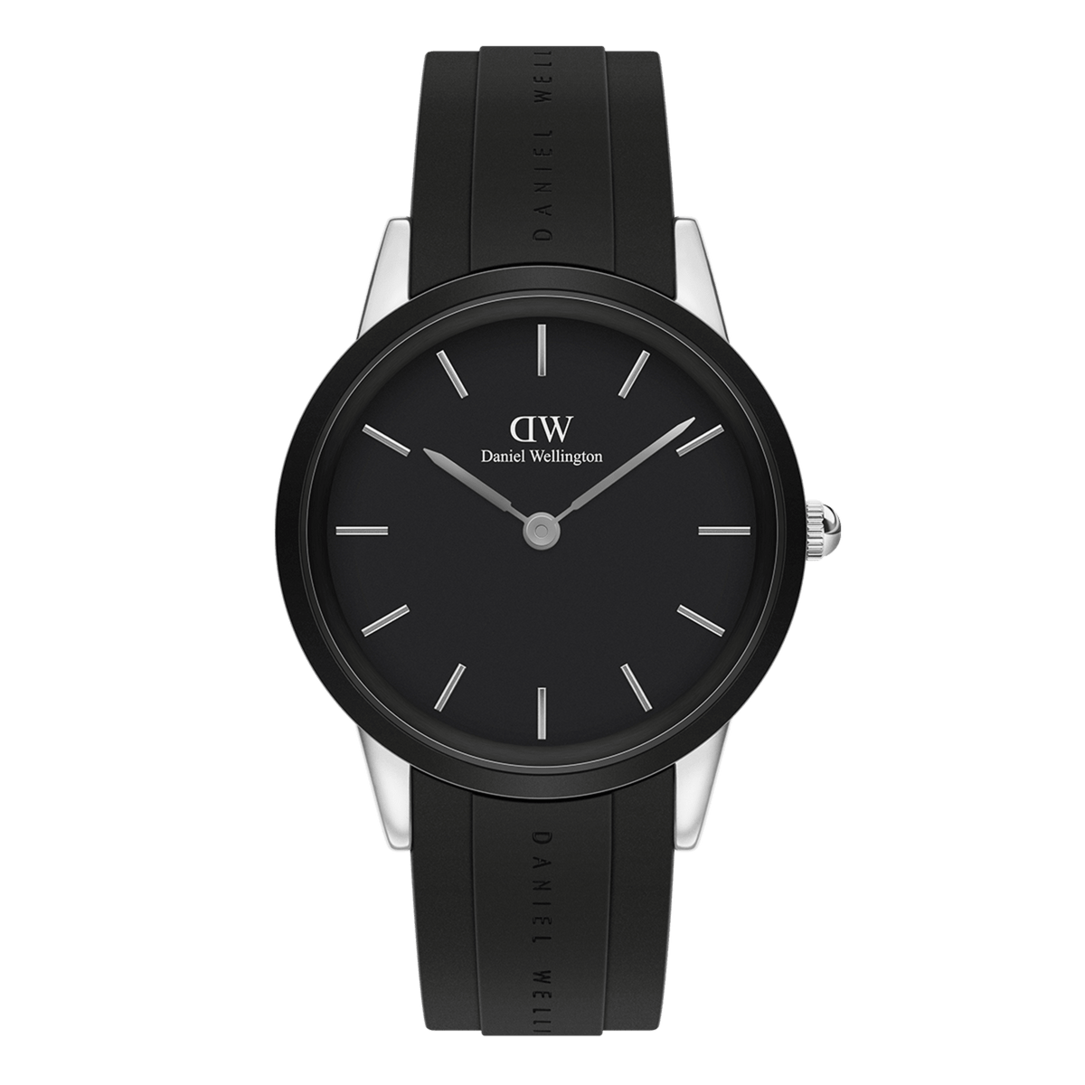 Daniel Wellington Iconic Motion watch with a black dial, minimalist silver-tone markers, and a black FKM rubber strap, set in a 40mm stainless steel case.
