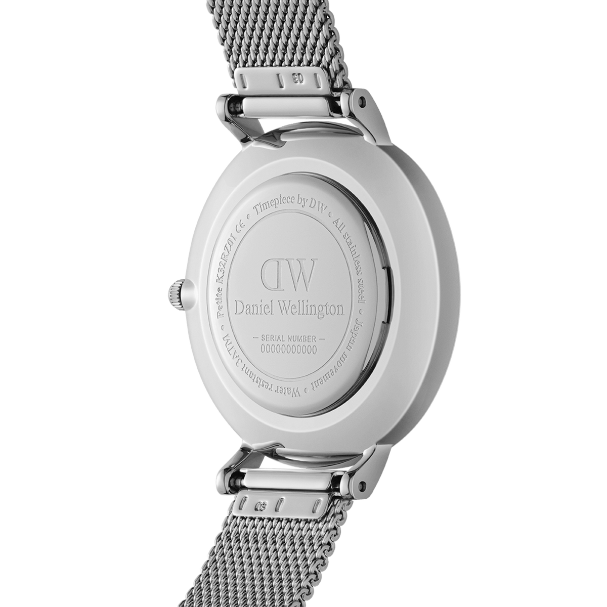 Back view of Petite Unitone Silver women’s watch, engraved stainless steel case and silver mesh strap, Daniel Wellington.