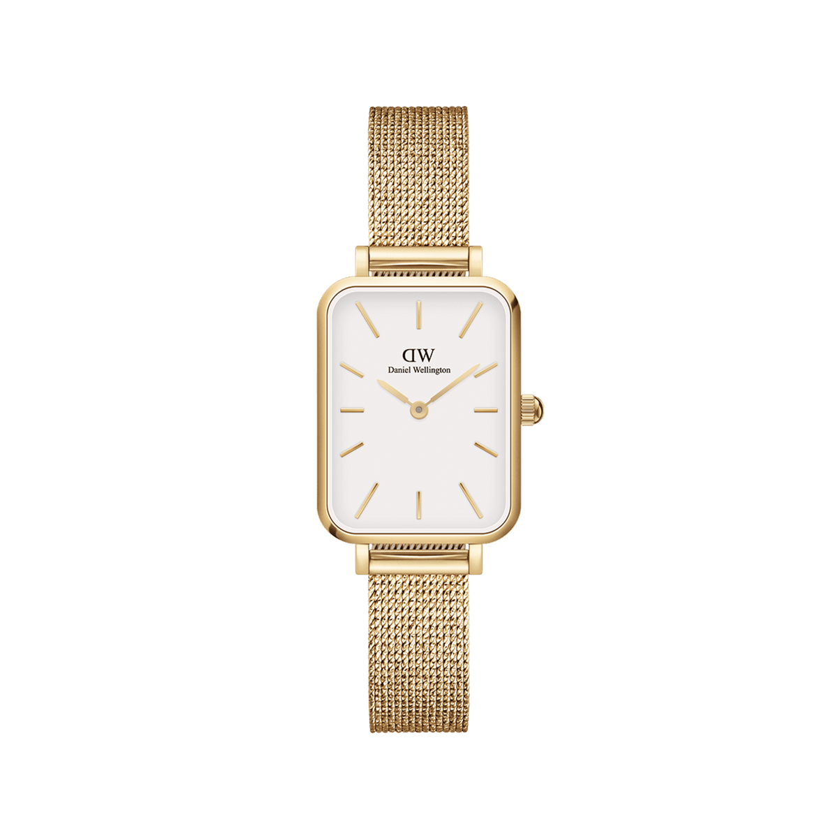 Rectangular gold mesh women’s watch with eggshell white dial, minimalist gold markers, and adjustable stainless steel strap.