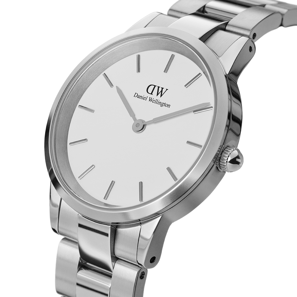 Daniel Wellington Iconic Link Silver watch with minimalist white dial and polished stainless steel three-piece link bracelet.
