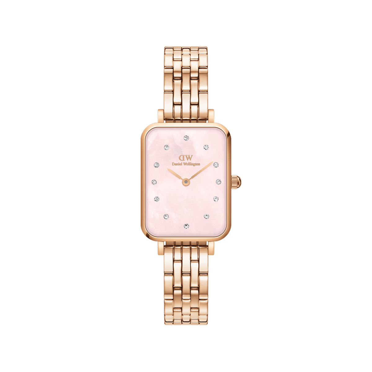 Rectangular rose gold women’s watch with a five-link bracelet, pink mother of pearl dial, and crystal hour markers.