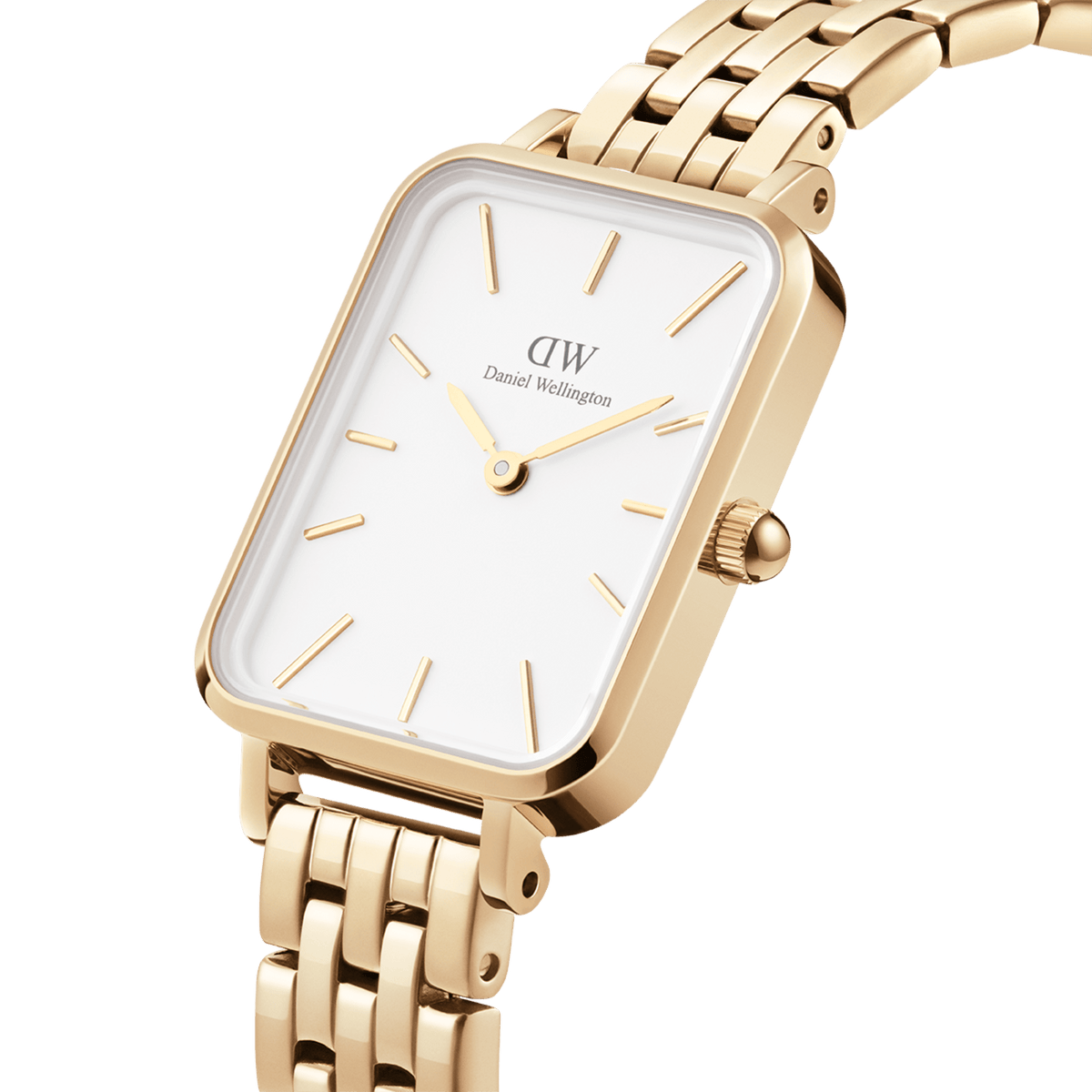 Quadro 5-Link Evergold women’s gold watch with rectangular case, white dial, and polished gold-plated bracelet.