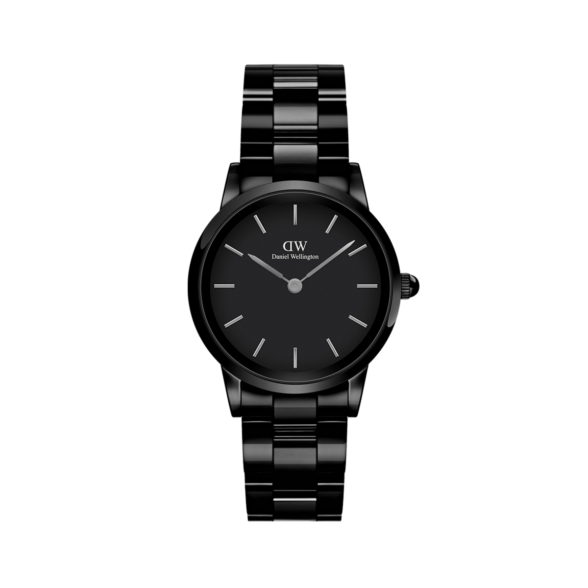 Sleek black ceramic watch with a polished link bracelet, minimalist black dial, and silver-tone hour markers and hands.