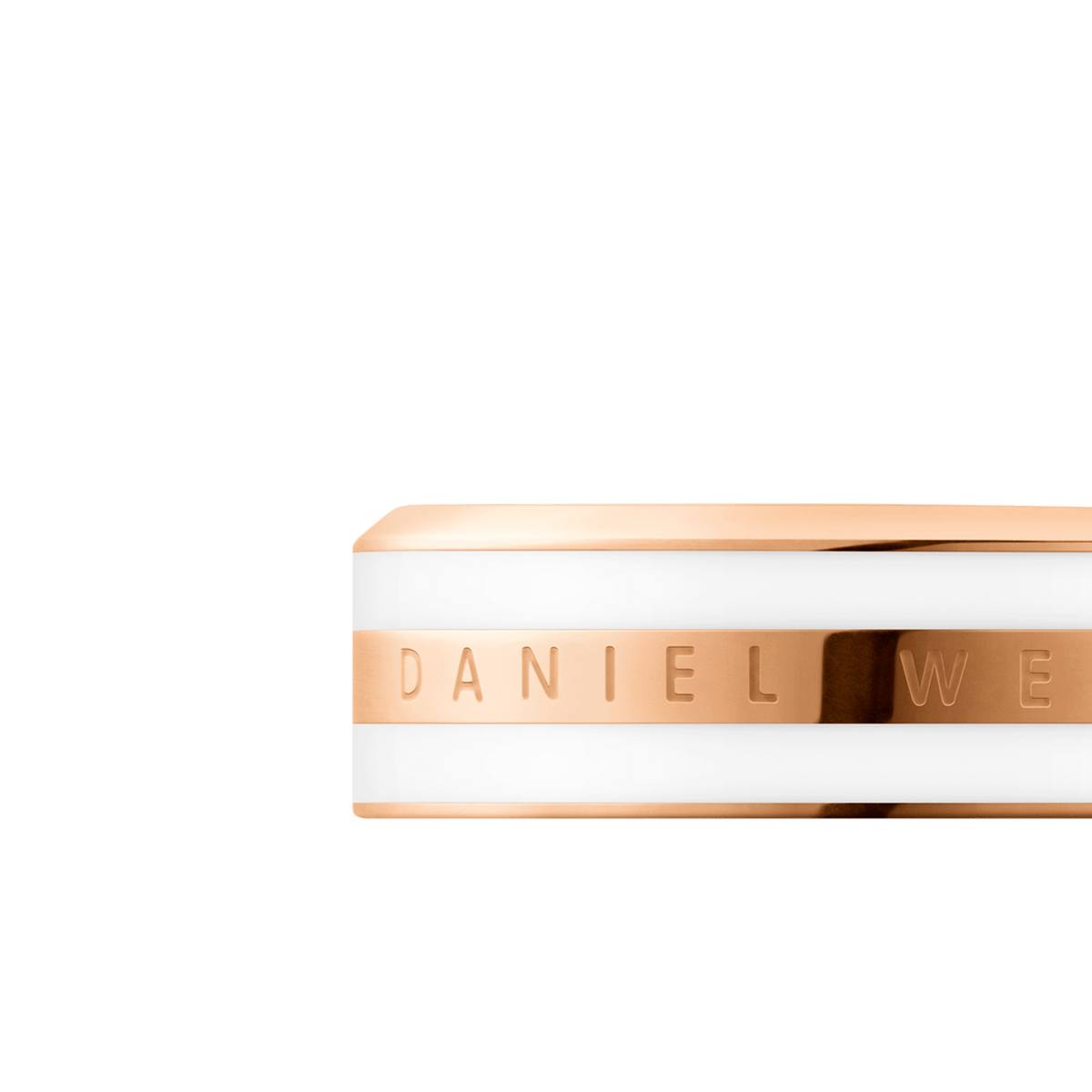 Close-up of the Emalie Ring in satin white and rose gold, featuring a polished enamel band with the Daniel Wellington logo engraved.