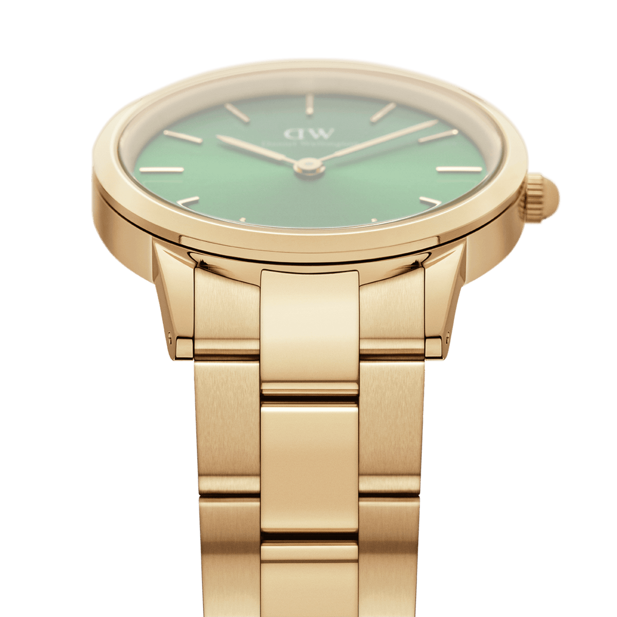 Close-up of Daniel Wellington Iconic Link Emerald Gold watch with emerald green dial and polished gold link bracelet.
