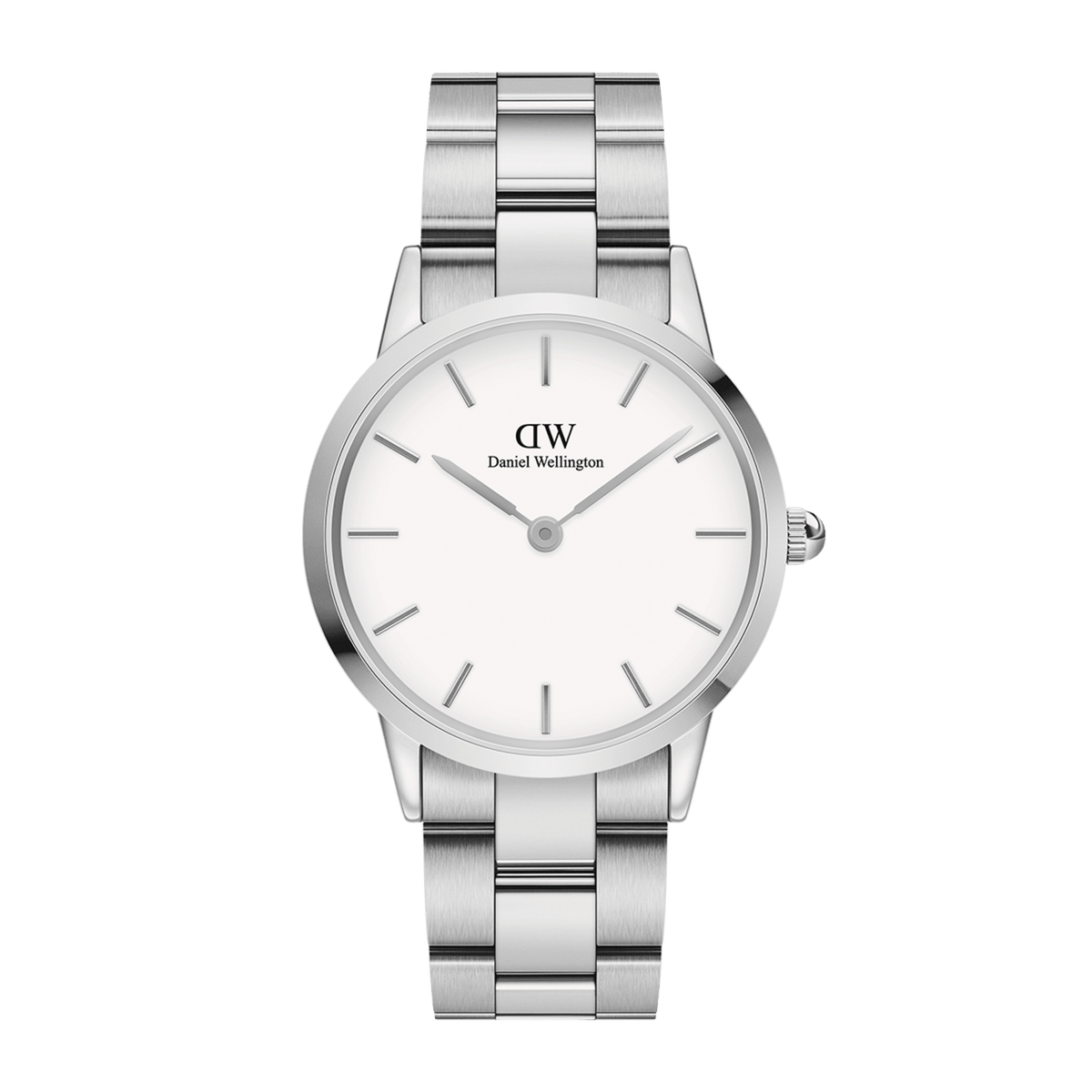 Daniel Wellington Iconic Link Silver watch with eggshell white dial and polished stainless steel three-link bracelet.