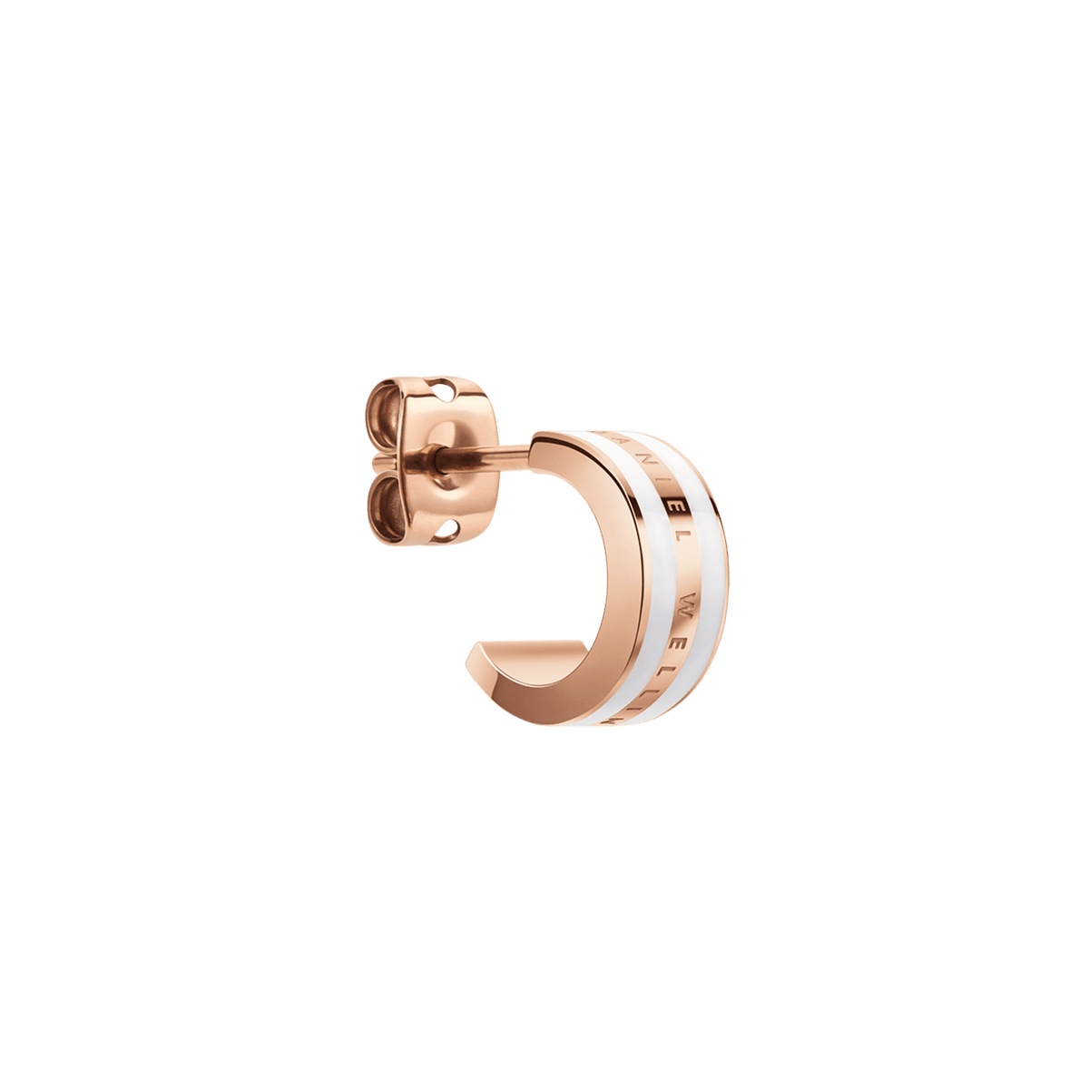Single Emalie earring in rose gold with a satin white enamel inlay, featuring a hoop design, butterfly back, and Daniel Wellington logo engraved along the edge.