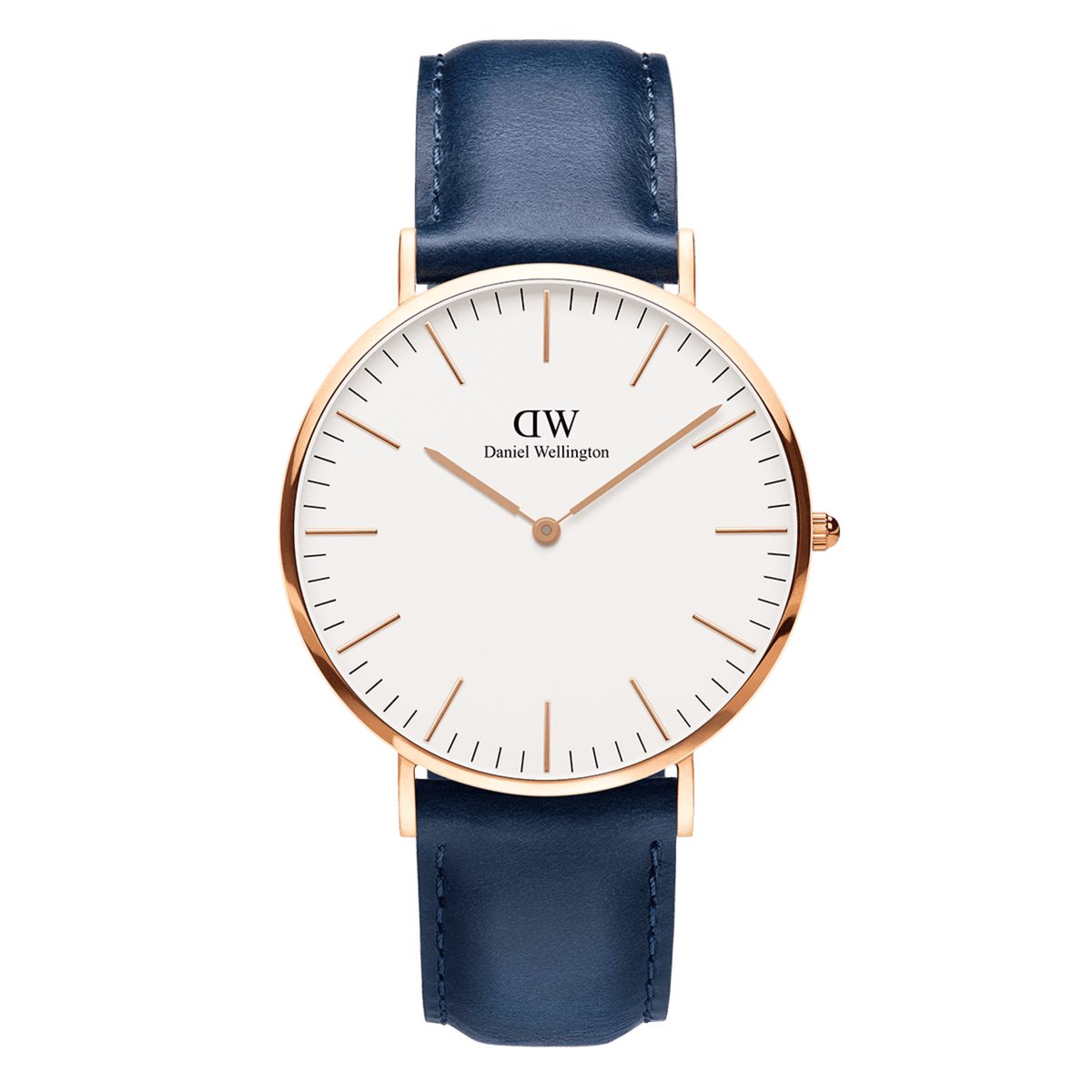 Classic Somerset watch featuring a rose gold 40mm case, minimalist eggshell white dial, and a navy blue leather strap.