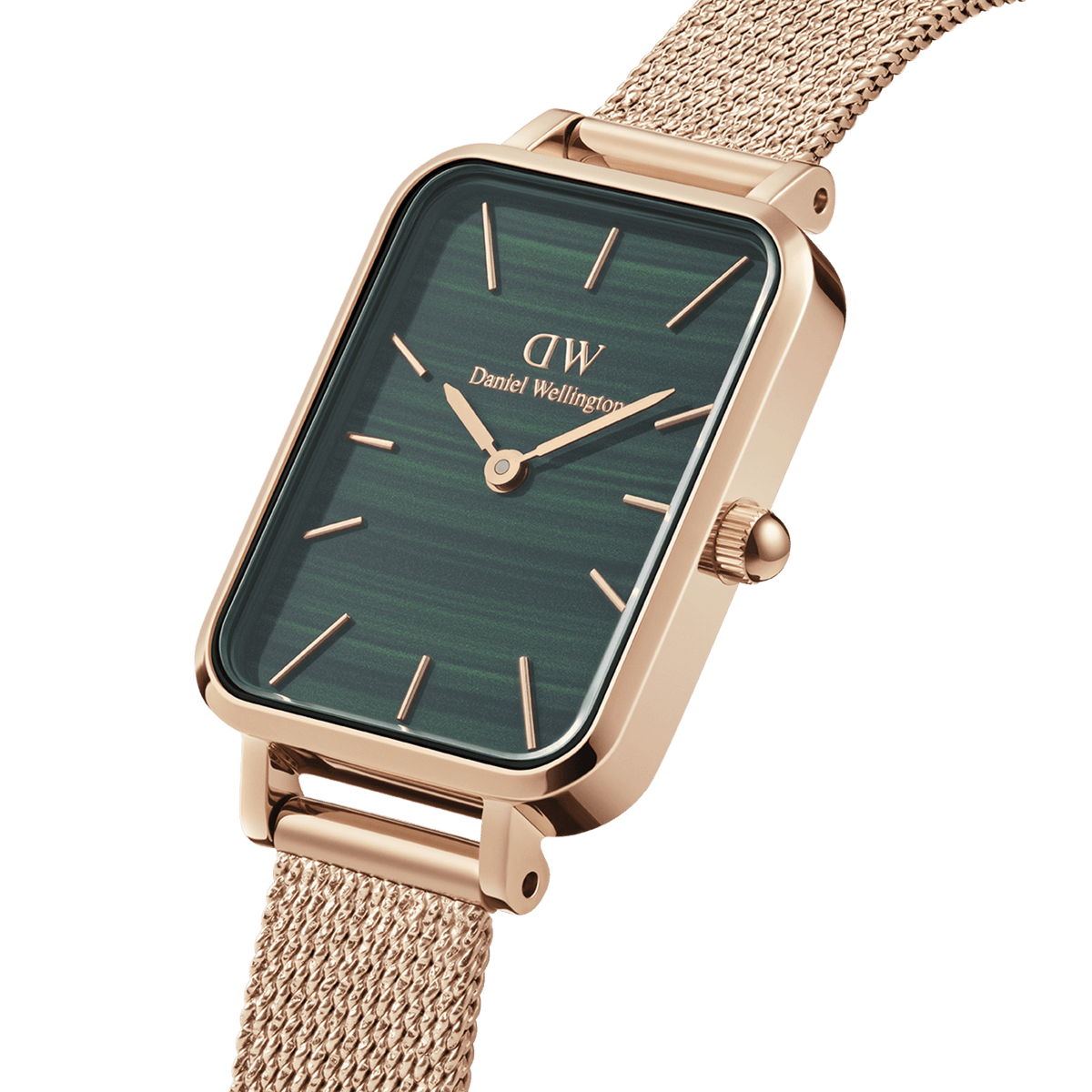 Quadro Pressed Melrose ladies watch with green malachite-inspired dial and rose gold mesh strap, Daniel Wellington branding.