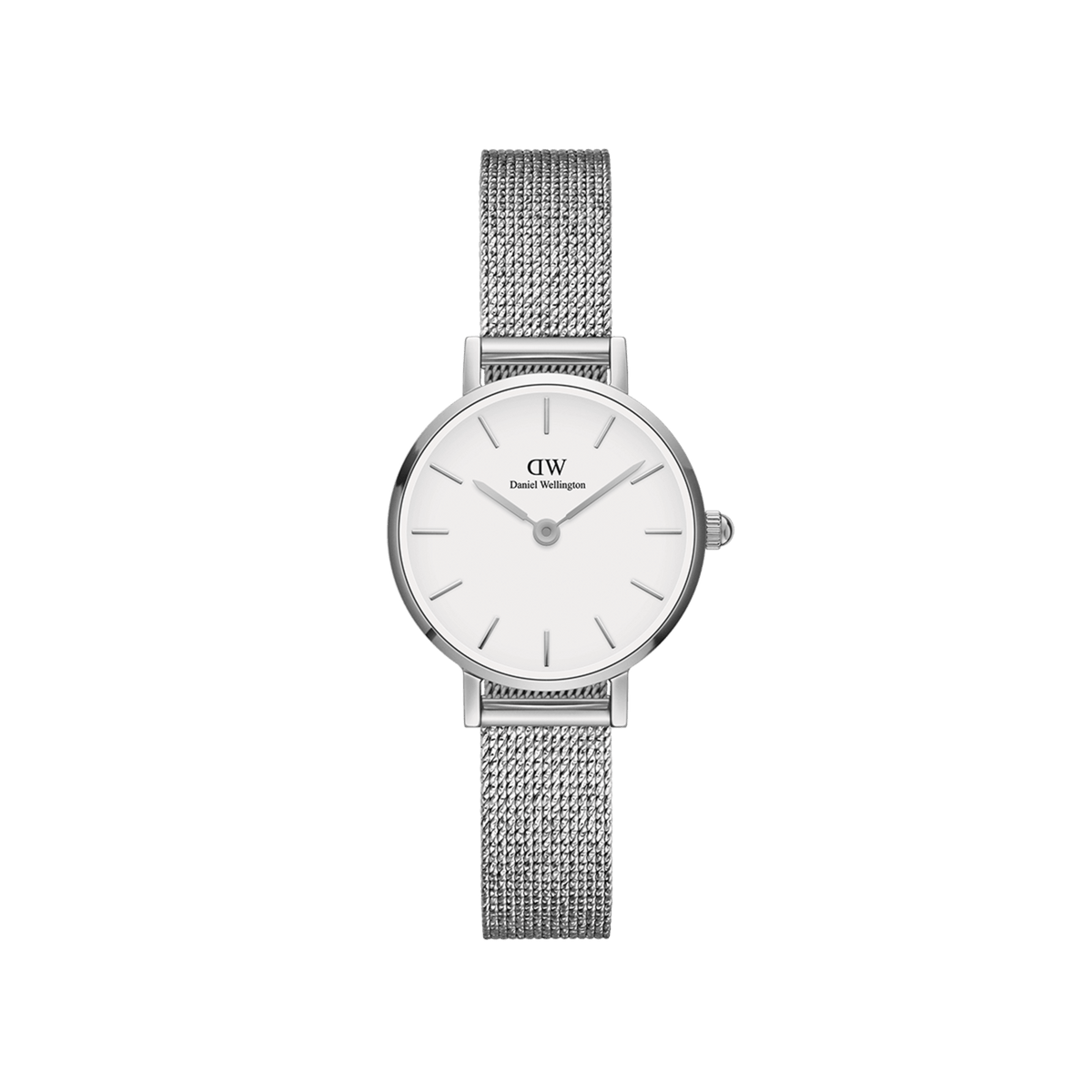 Petite Pressed Sterling women’s silver watch with eggshell white dial and polished stainless steel mesh strap by Daniel Wellington.