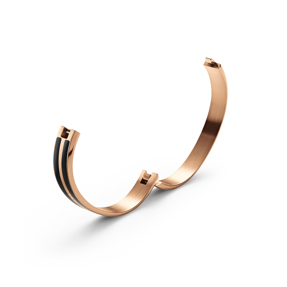 Open Daniel Wellington Emalie Infinite Rose Gold Black bangle showing the concealed clasp, with rose gold stainless steel and sleek black enamel detailing.