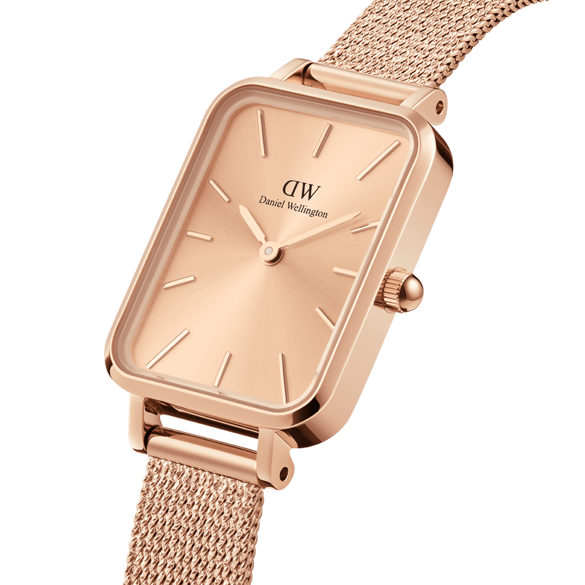 Quadro Pressed Unitone rose gold women’s watch with a rectangular dial, minimalist hour markers, and a pressed mesh strap in a polished finish.