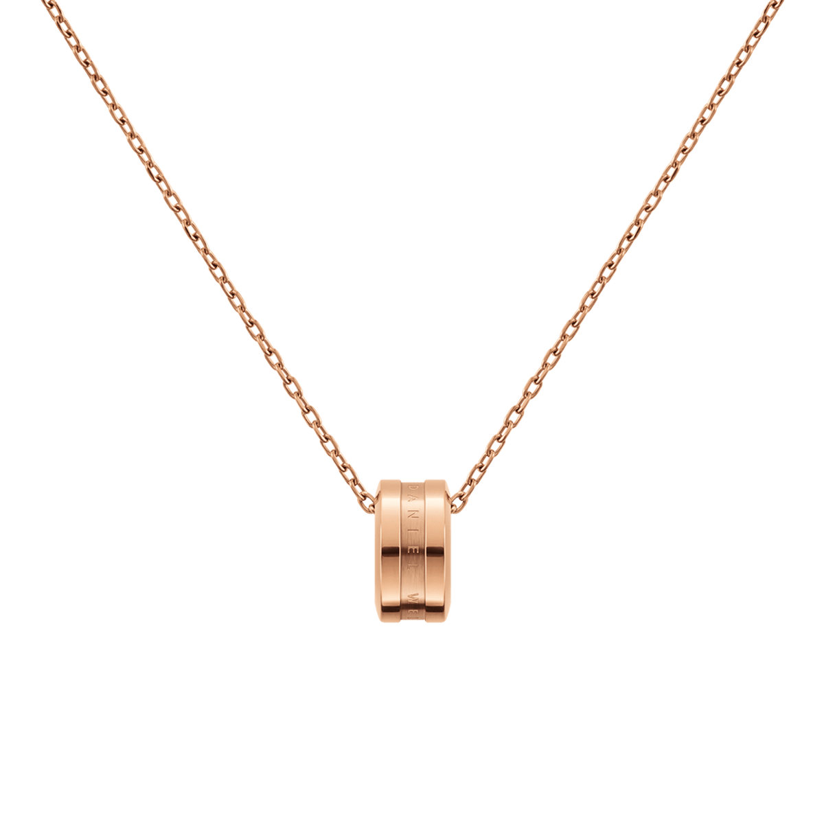 Elan Necklace Rose Gold featuring a minimalist polished ring pendant with subtle engraving on an adjustable rose gold chain.