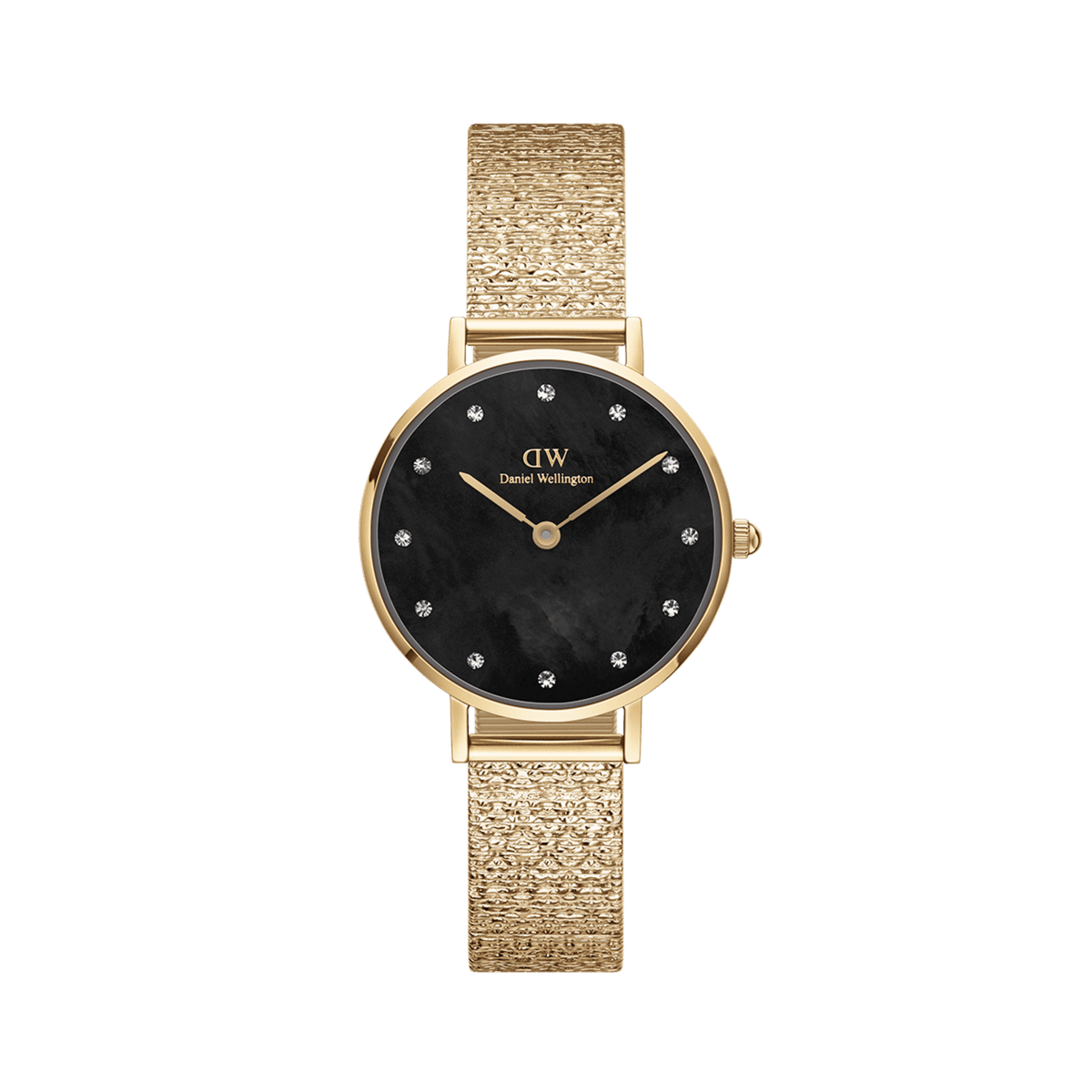 Petite Lumine Pressed Piano Gold women’s watch with black mother-of-pearl dial, crystal markers, and gold mesh bracelet.