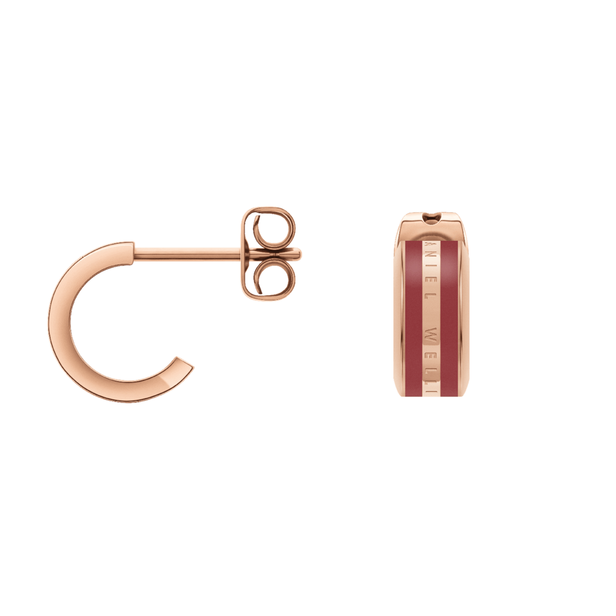 Pair of Emalie rose gold hoop earrings with cherry blush enamel inlay and subtle Daniel Wellington branding, shown with secure stud fastenings.
