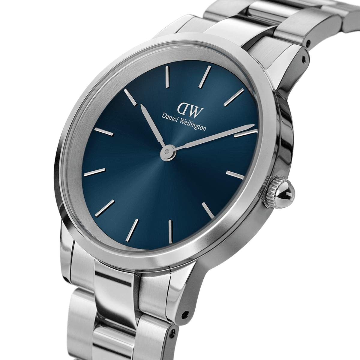 Close-up of the Daniel Wellington Iconic Link Arctic watch showcasing its brushed stainless steel case, deep blue sunray dial, and minimalist silver hour markers.