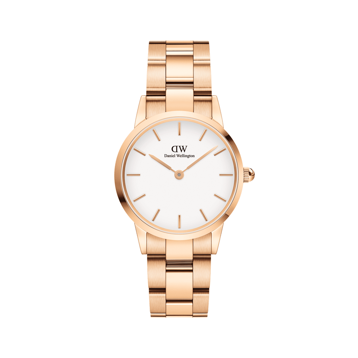 Daniel Wellington Iconic Link Rose Gold watch with a three-piece polished rose gold stainless steel bracelet and a clean white minimalist dial.