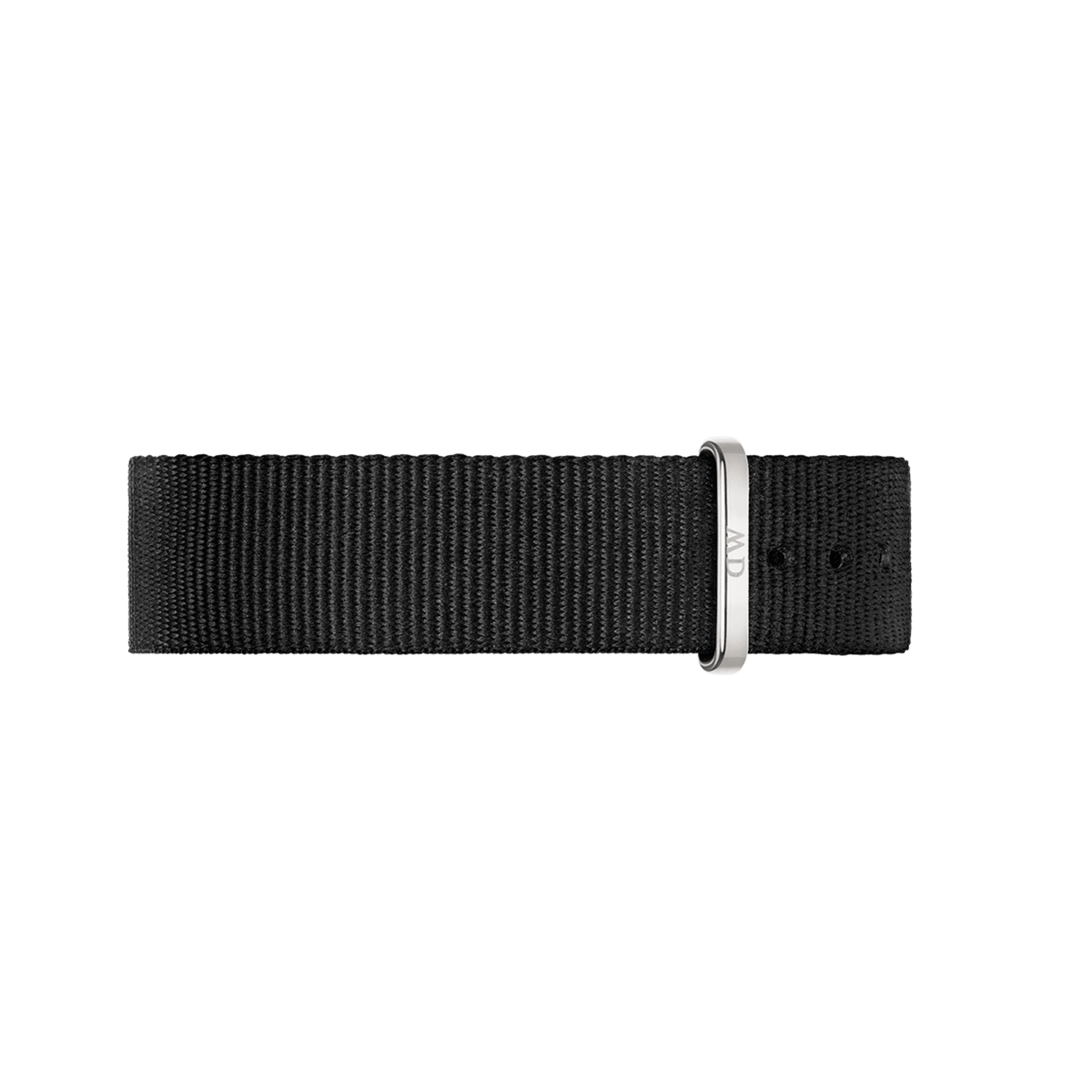 Black NATO watch strap in durable polyester with a polished silver buckle engraved with the Daniel Wellington logo.