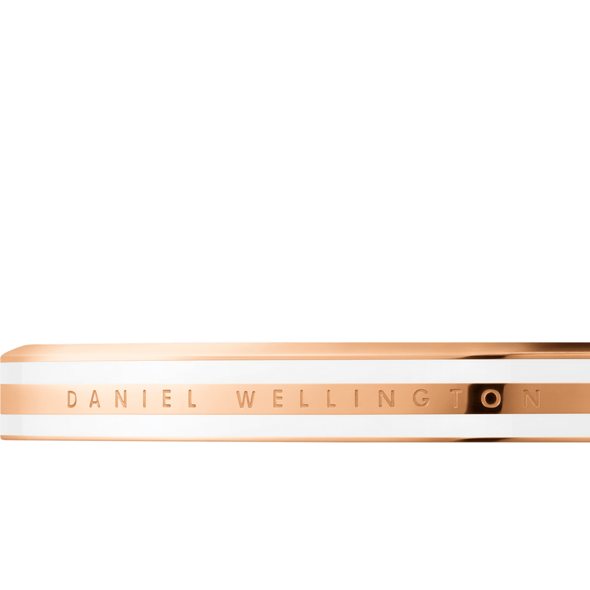 Close-up of the Emalie Slim Bracelet showing the engraved Daniel Wellington logo on a polished rose gold band with a satin white enamel inlay.