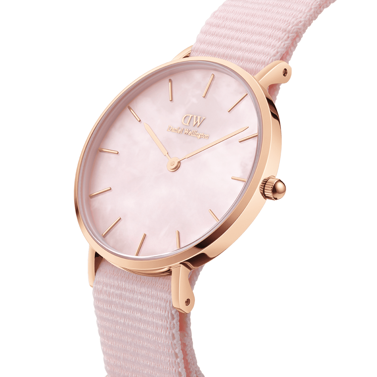 Daniel Wellington Petite Coral Rose Gold MOP watch with a pink mother of pearl dial, rose gold-plated case, and a soft pastel pink NATO strap shown from a side angle.