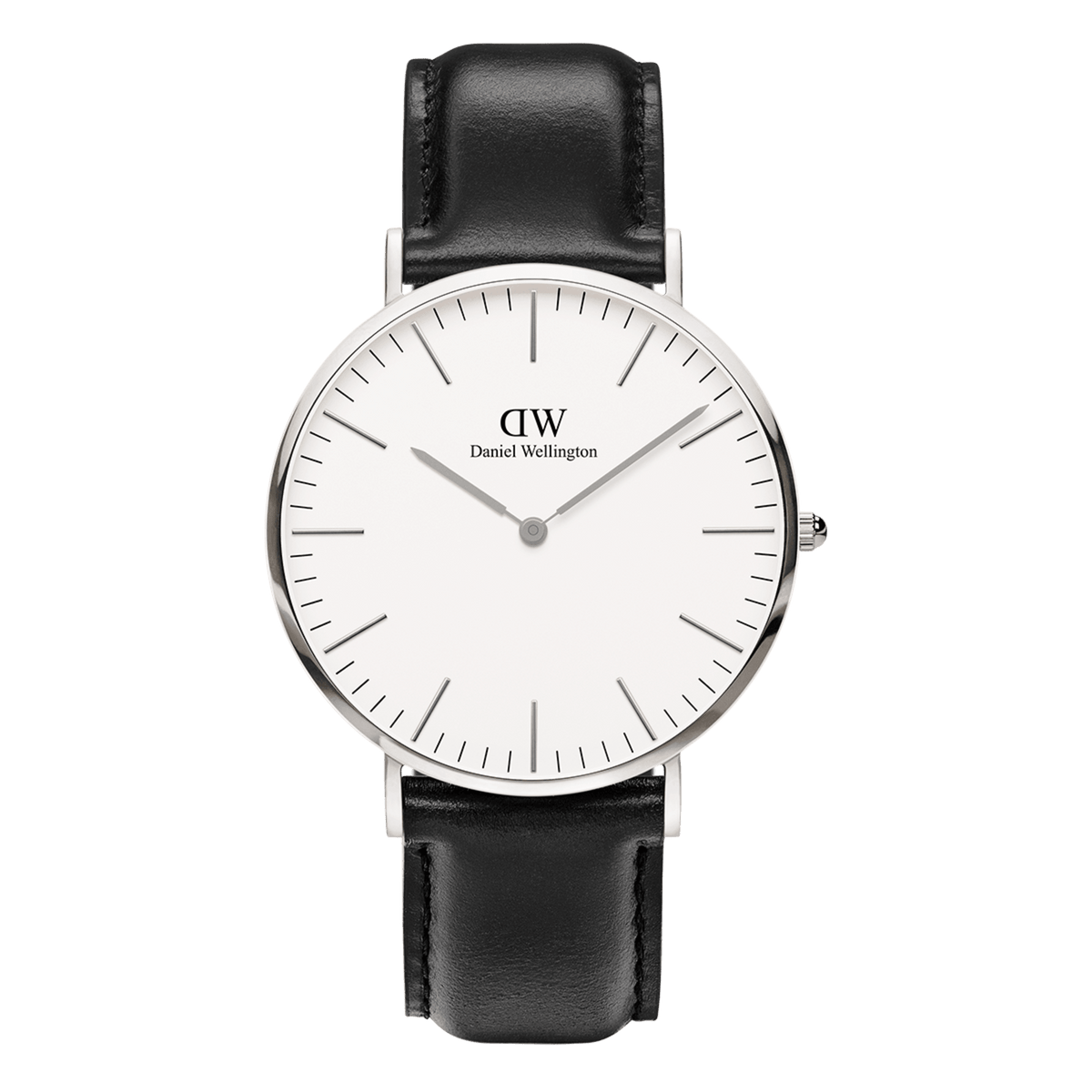 Classic Sheffield Silver watch with minimalist white dial, polished silver case and black leather strap, timeless unisex style.