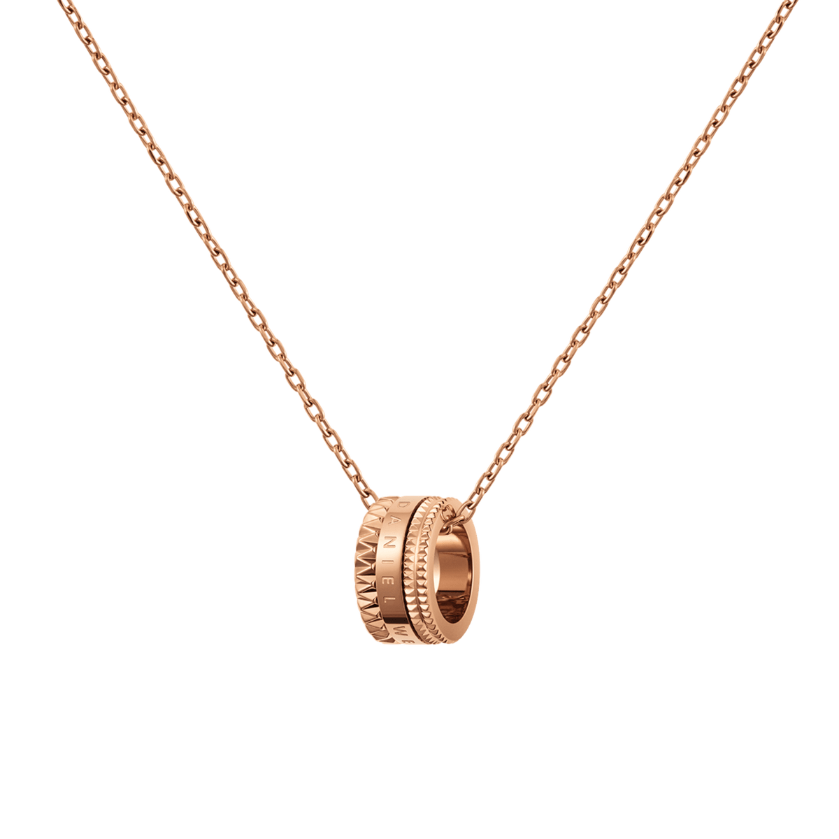 Rose gold Elevation Necklace featuring a sculpted geometric pendant with intricate detailing, suspended from a delicate adjustable cable chain.