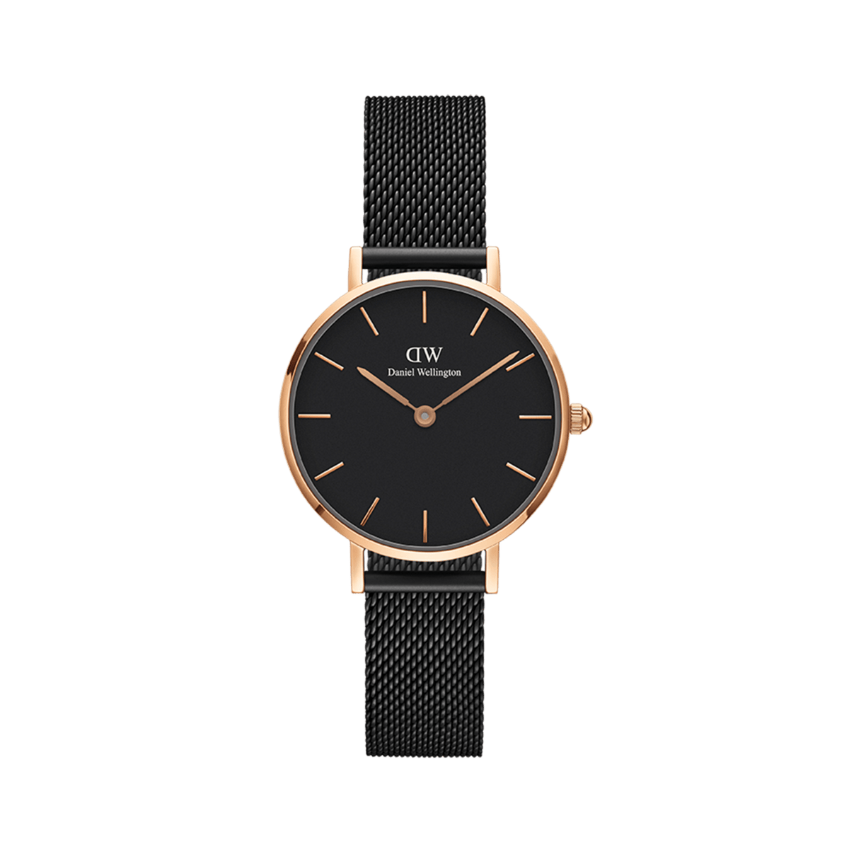 Petite Ashfield women's watch with a slim rose gold case, minimalist black dial, and a fine black mesh strap.