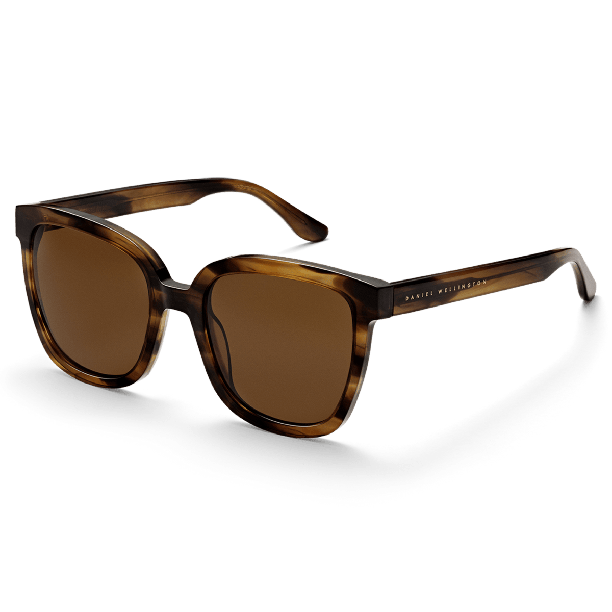 Grande Bio-Acetate Brown Demi sunglasses featuring an oversized square tortoiseshell-style frame, amber lenses, and subtle Daniel Wellington branding on the arms.