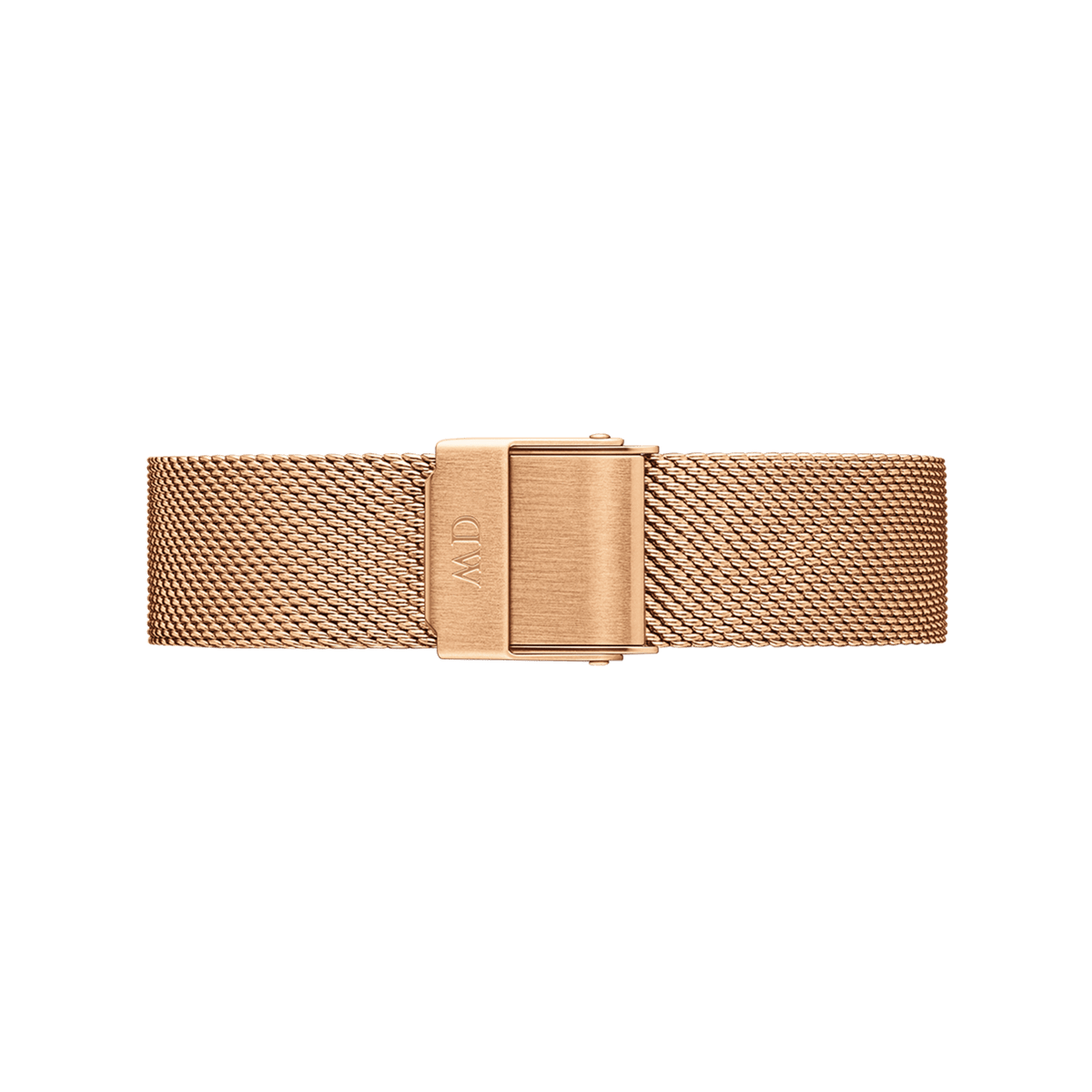 Rose gold mesh watch strap with secure clasp, designed for Daniel Wellington Petite Melrose women’s watch, adjustable and elegant.
