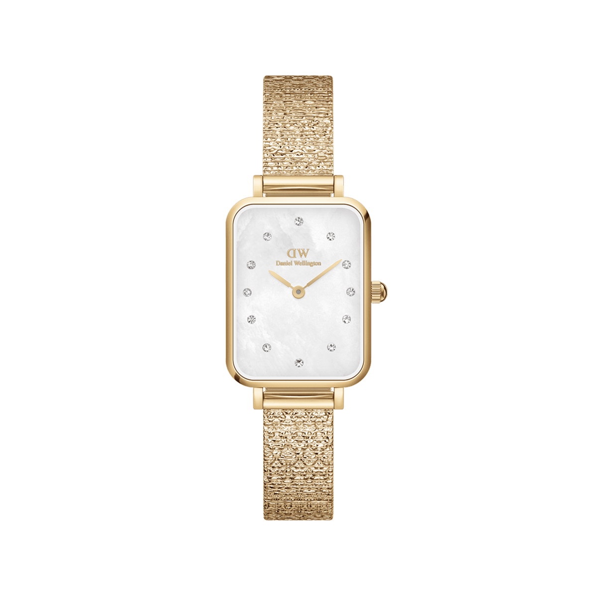 Rectangular gold women’s watch with white mother of pearl dial, crystal markers, and textured gold Pressed Piano strap.