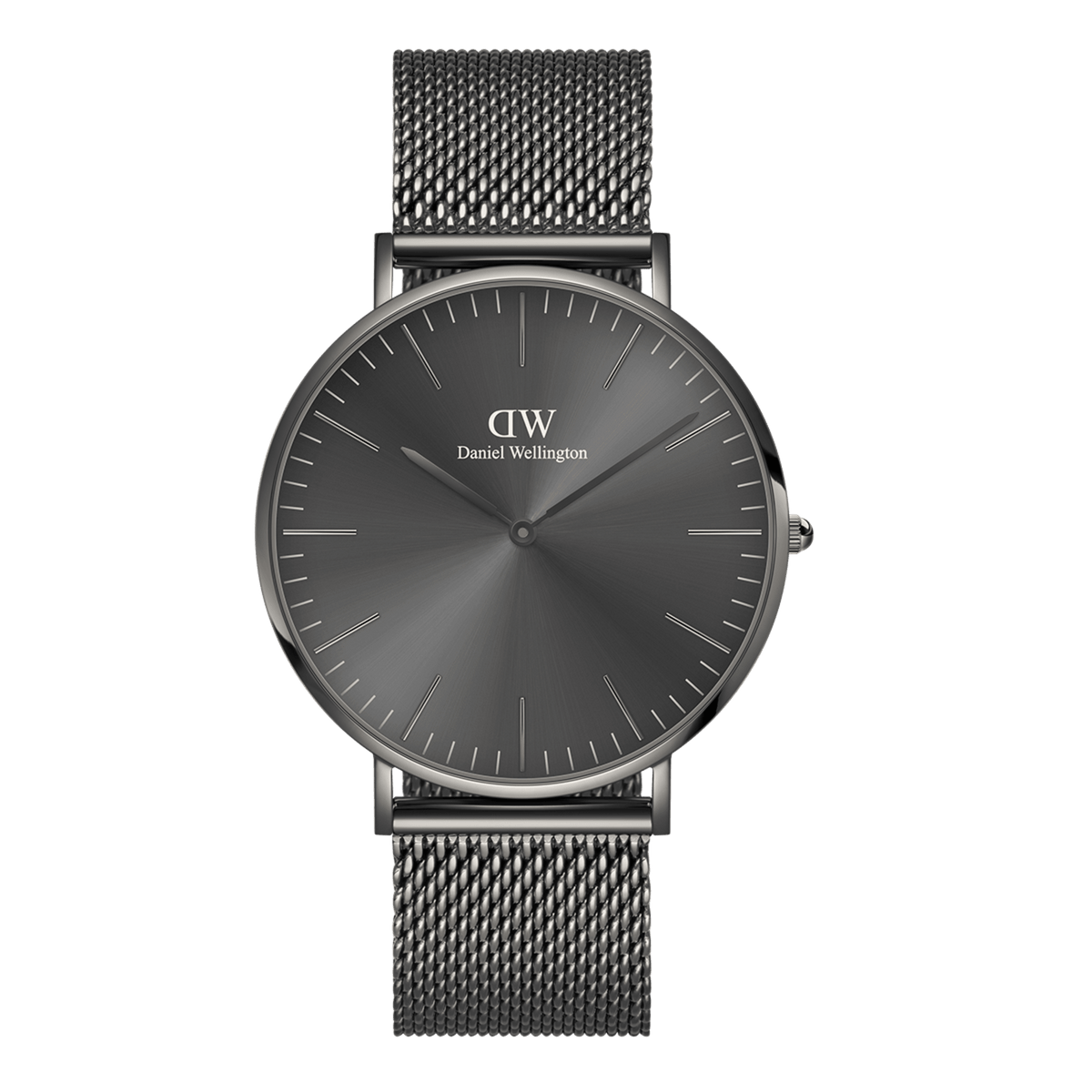 Classic Mesh Graphite watch featuring a minimalist graphite sunray dial, slim silver hands, and a sleek graphite grey mesh bracelet.
