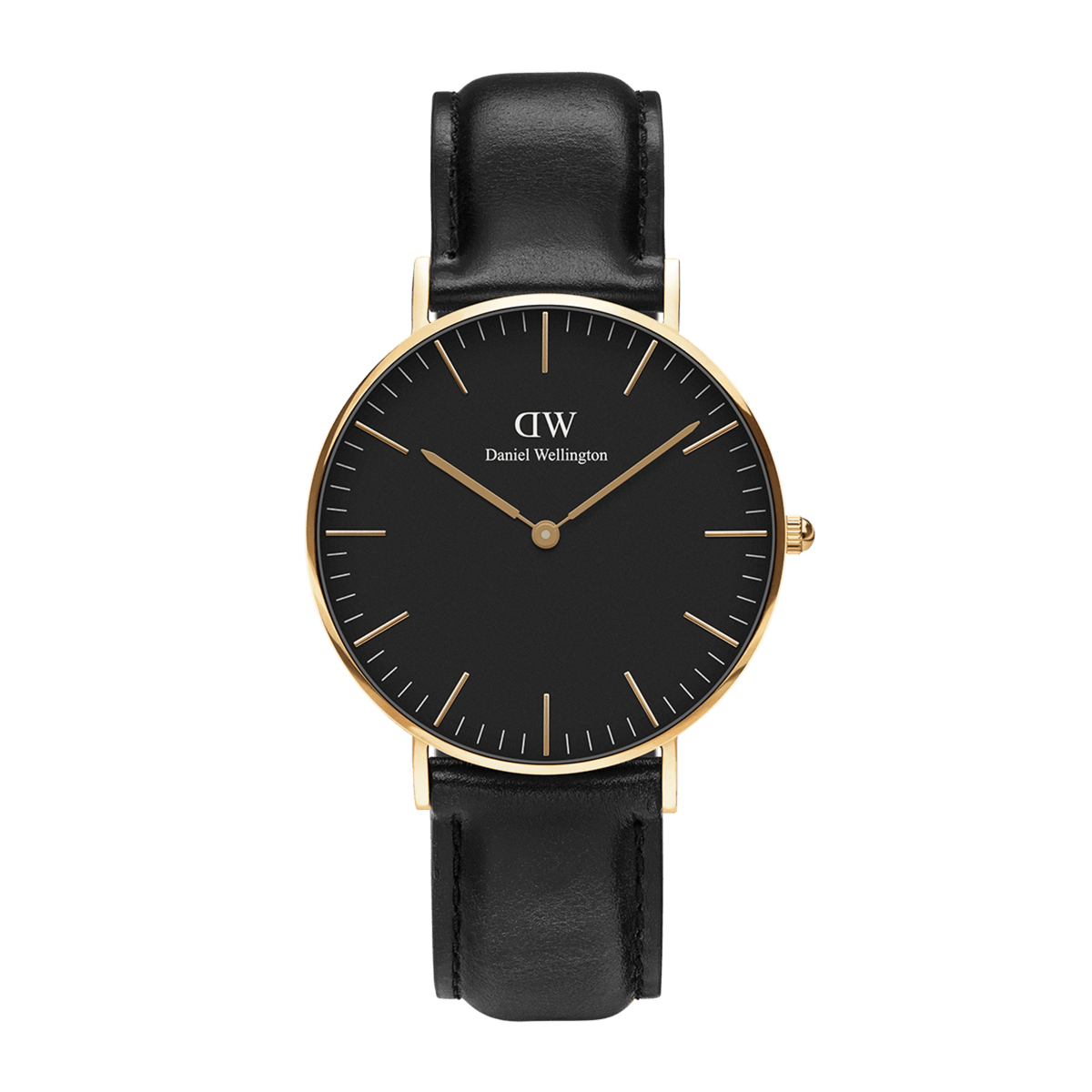 Daniel Wellington Classic Sheffield watch with a black minimalist dial, gold-plated case, and smooth black leather strap.