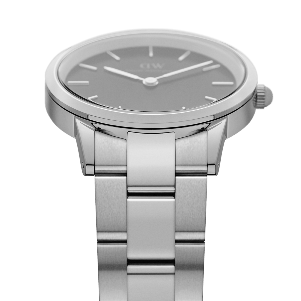 Daniel Wellington Iconic Link Silver watch featuring a black dial and brushed stainless steel bracelet, front close-up view.
