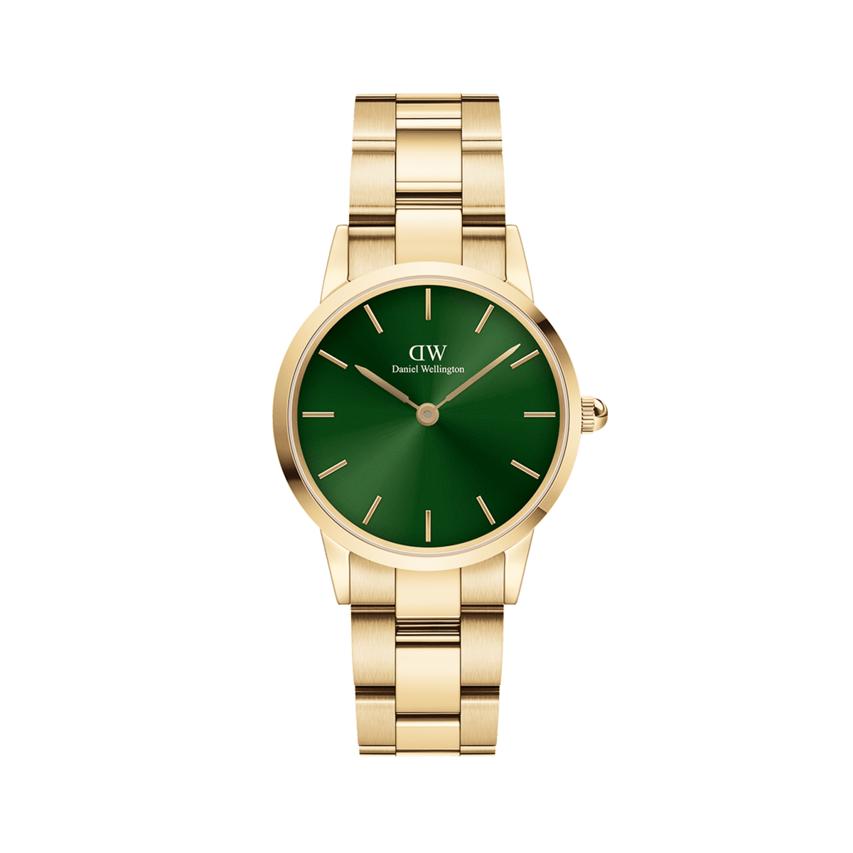 Daniel Wellington Iconic Link Emerald Gold women’s watch with emerald green dial and polished gold stainless steel bracelet.