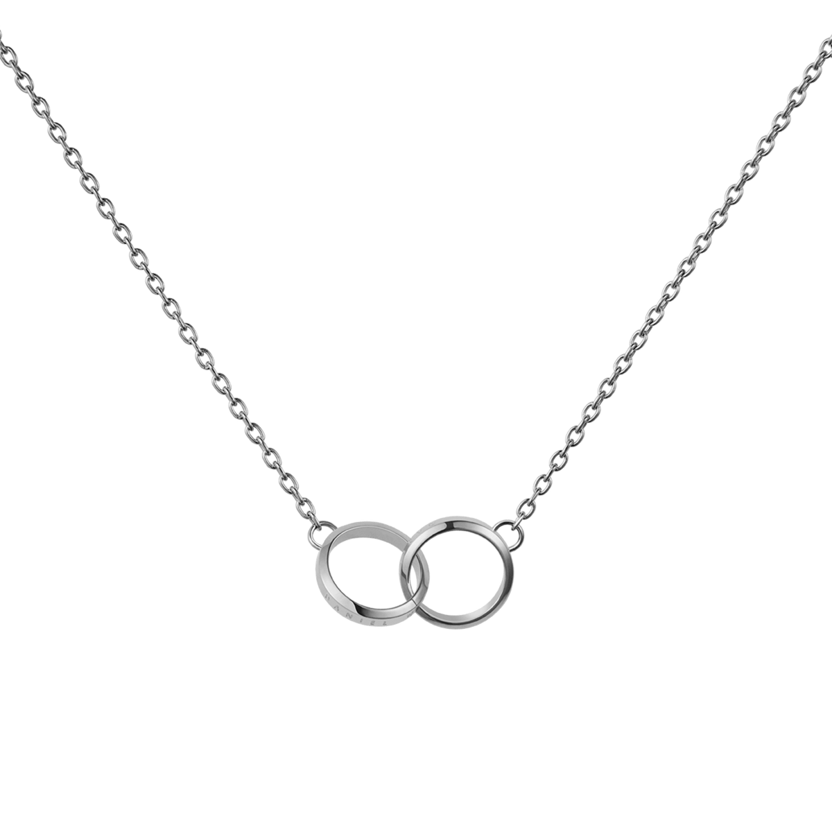 Silver necklace featuring two interlocking polished rings on a delicate chain, showcasing a minimalist and elegant design.