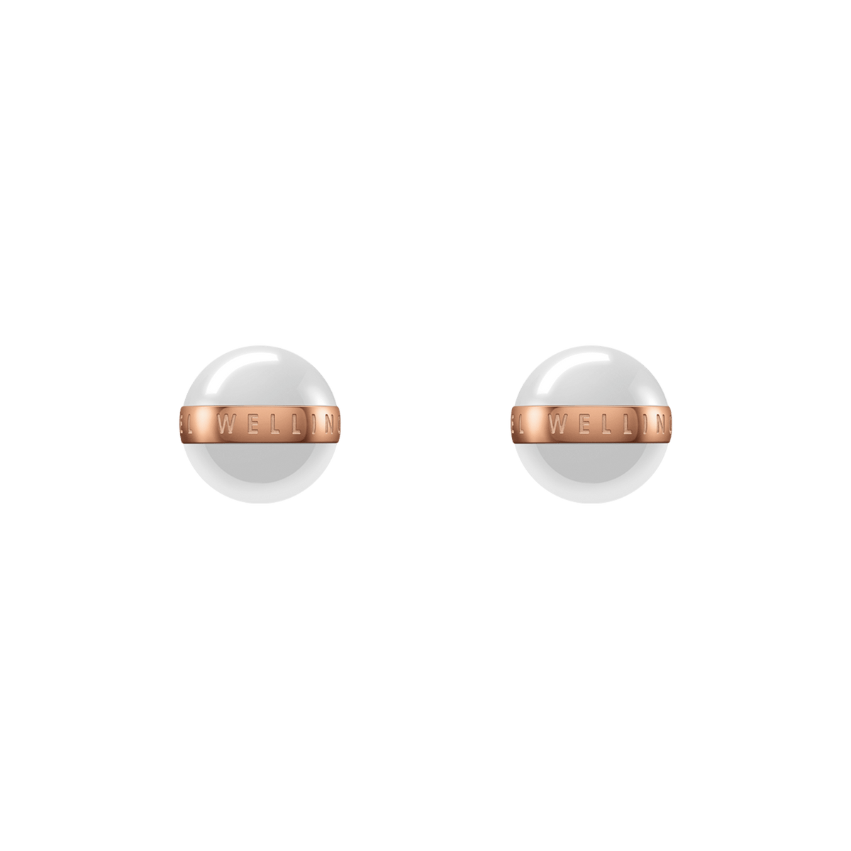 Pair of Aspiration Earrings featuring smooth satin white ceramic spheres encircled by rose gold plated stainless steel bands with engraved detailing.